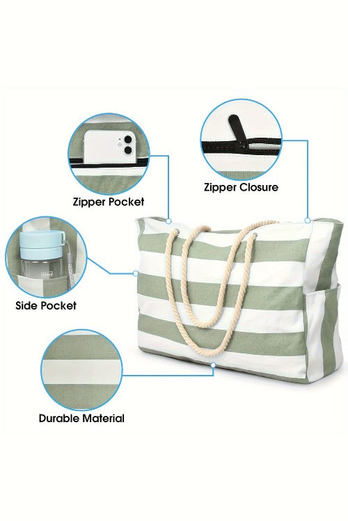 Large Striped Rope Handle Canvas Tote Bag