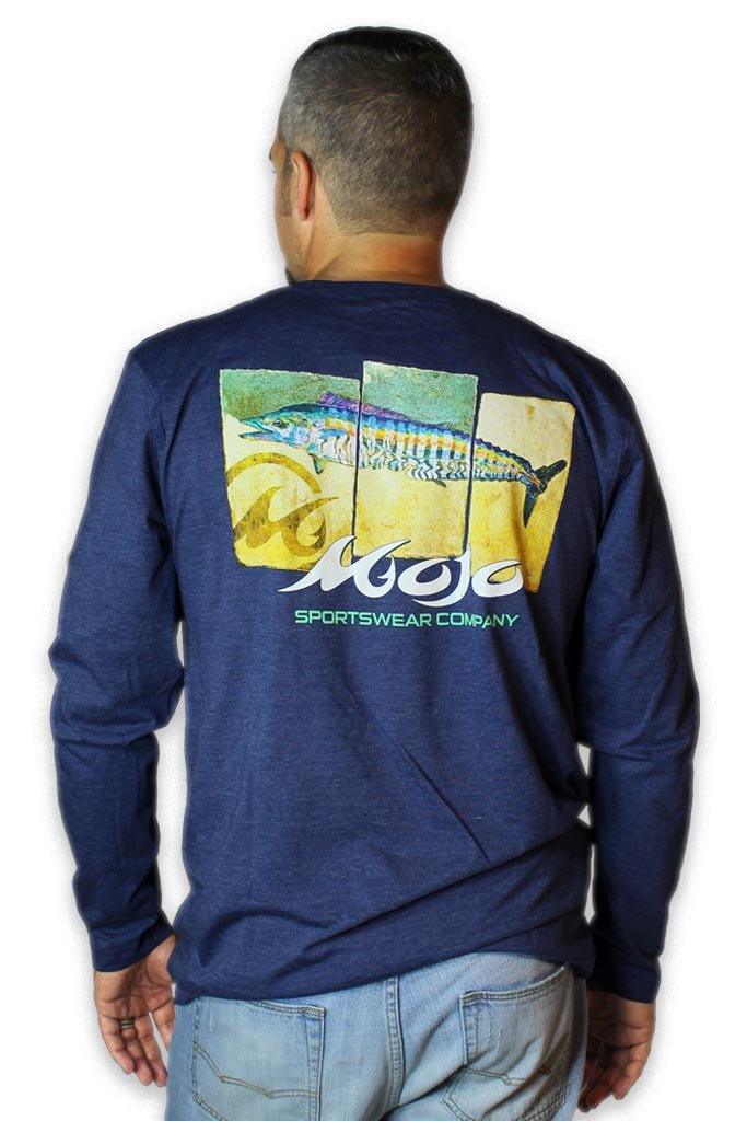 Man wearing a navy blue long-sleeve shirt with a fish graphic and 'Mole Sportswear Company' text on the back.