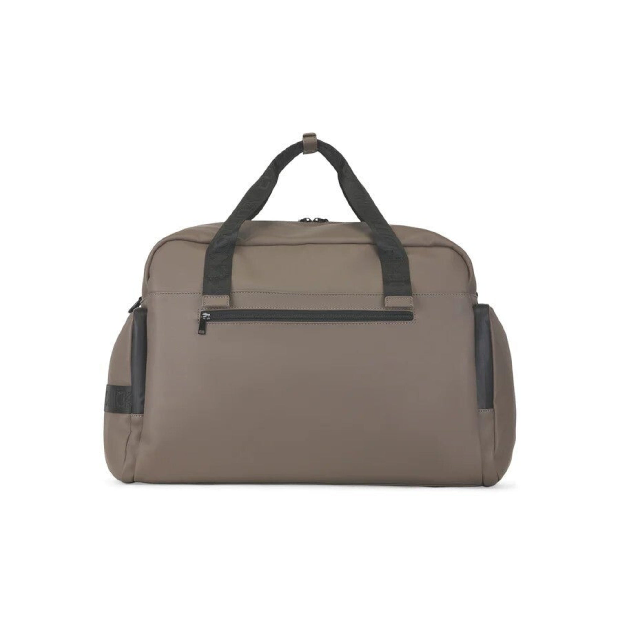 Brown duffel bag with black straps on a white background
