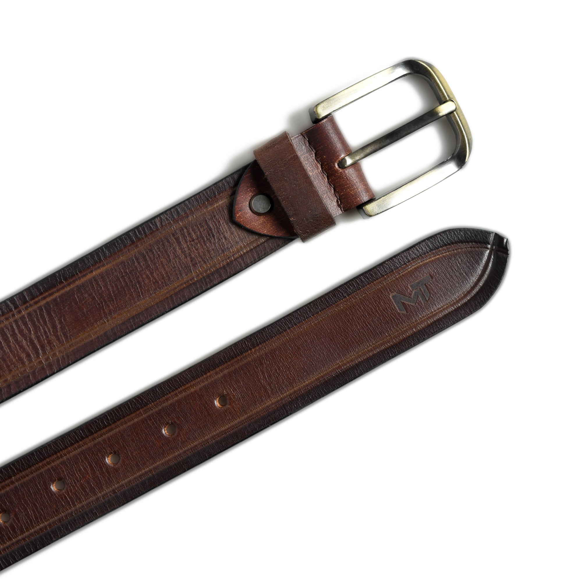 Brown leather belt with a brass buckle on a white background