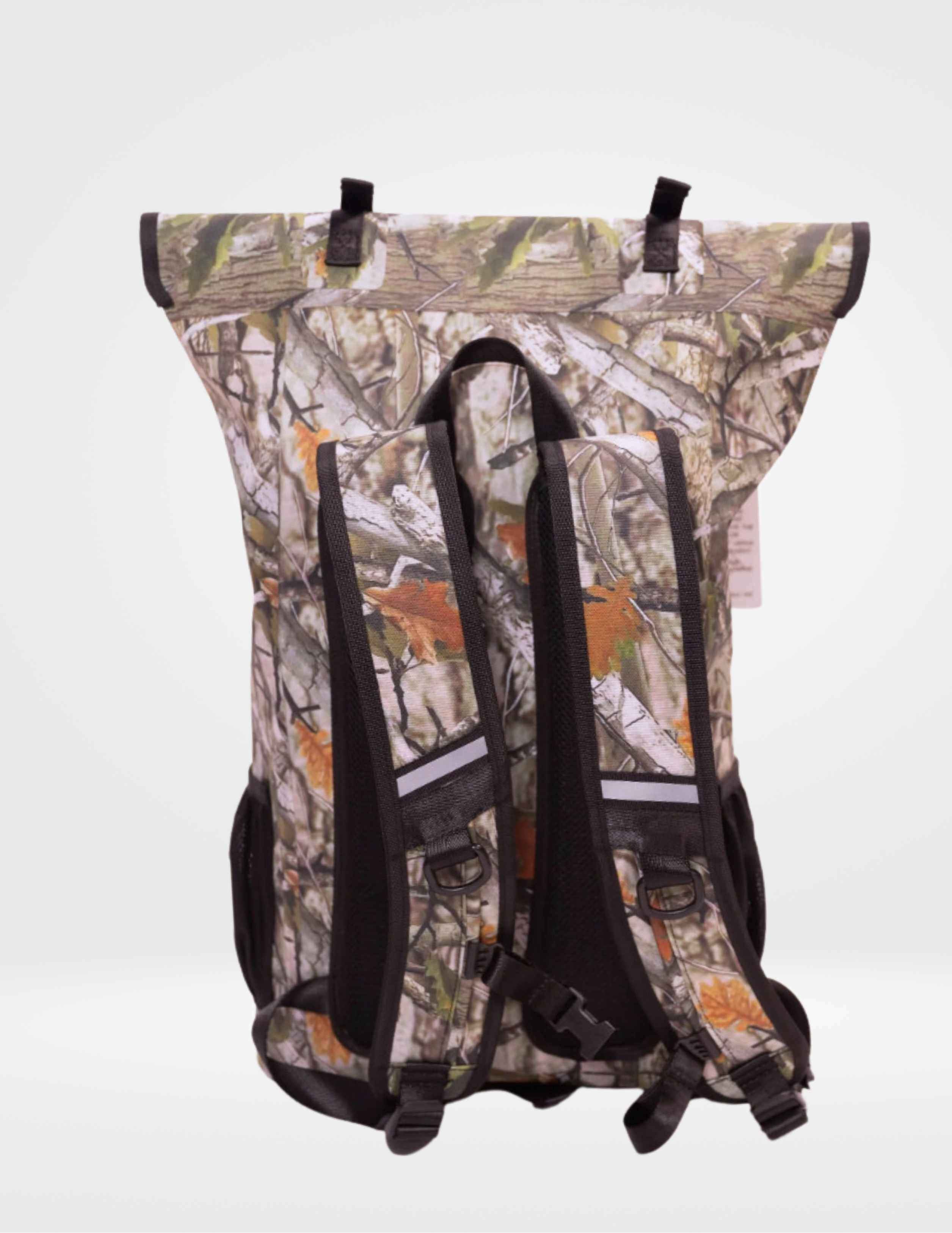 Camouflage-patterned backpack on a white background