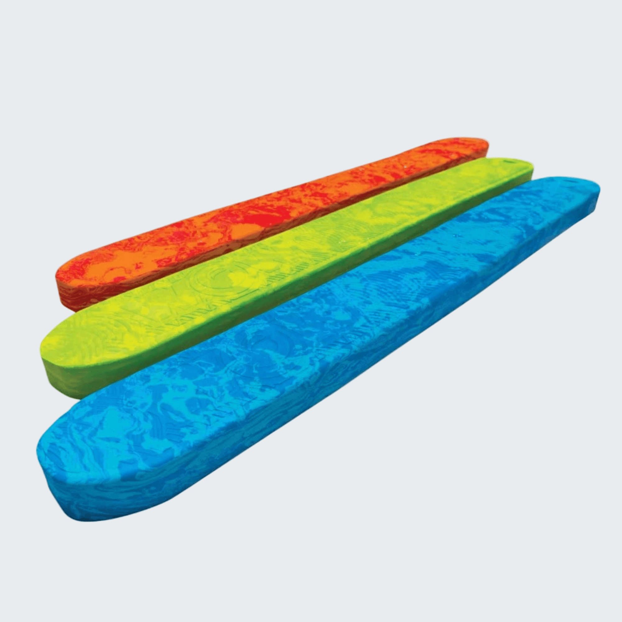 Three colorful foam pool noodles in blue, green, and orange on a white background