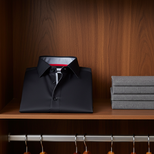 Folded black shirt on a wooden shelf with gray folded shirts in the background.