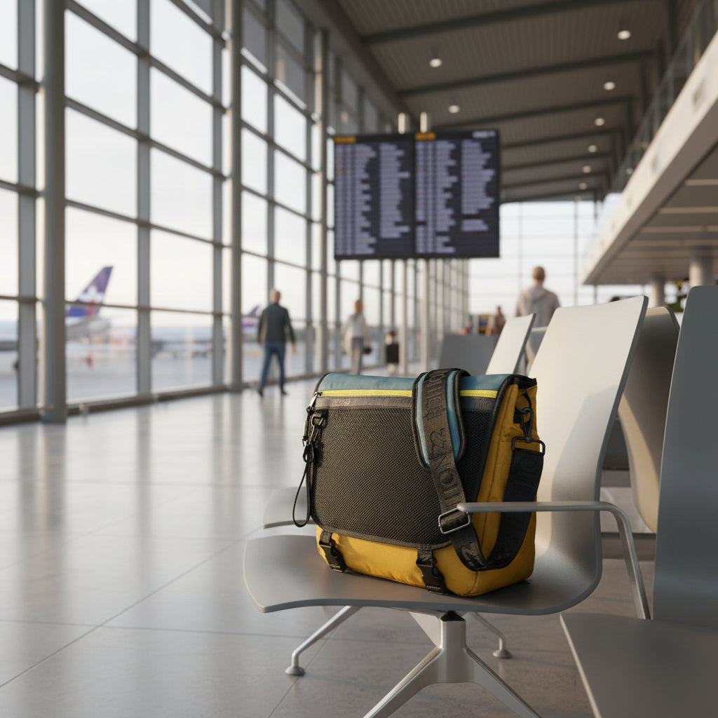 Yellow and black bag with a shoulder strap on a white background