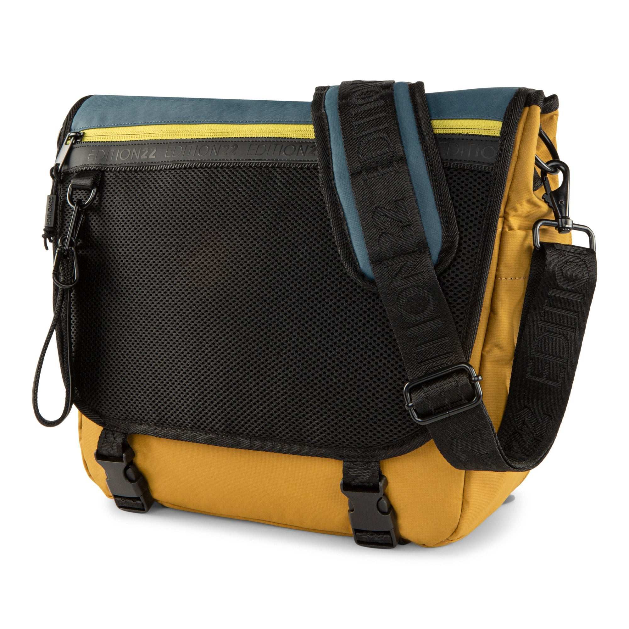Yellow and black bag with a shoulder strap on a white background