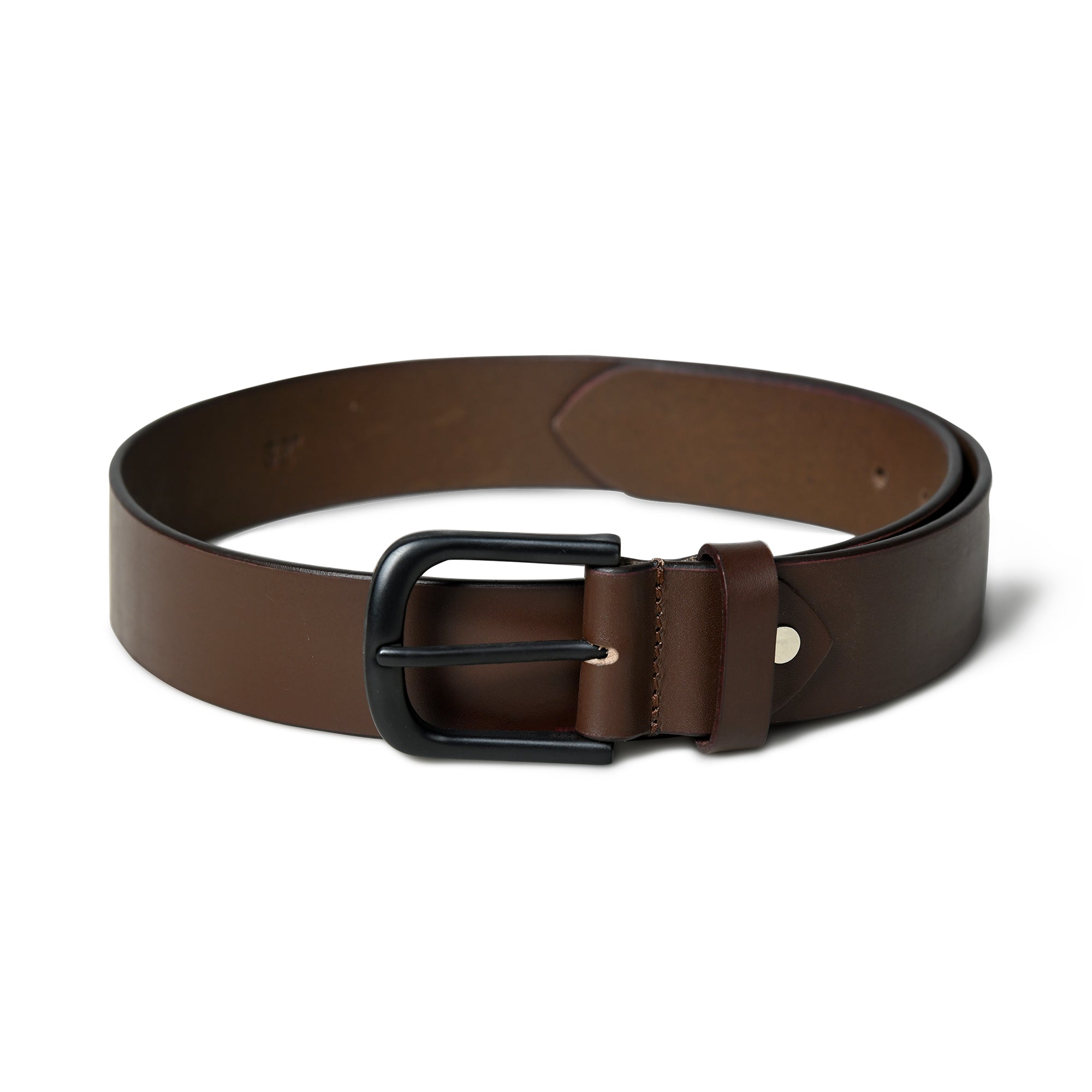 Brown leather belt with a black buckle on a white background