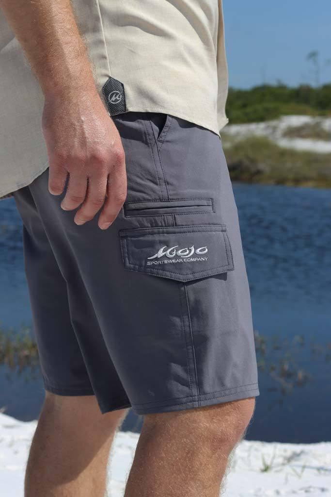 Person wearing gray shorts with a visible brand logo, standing by a body of water.