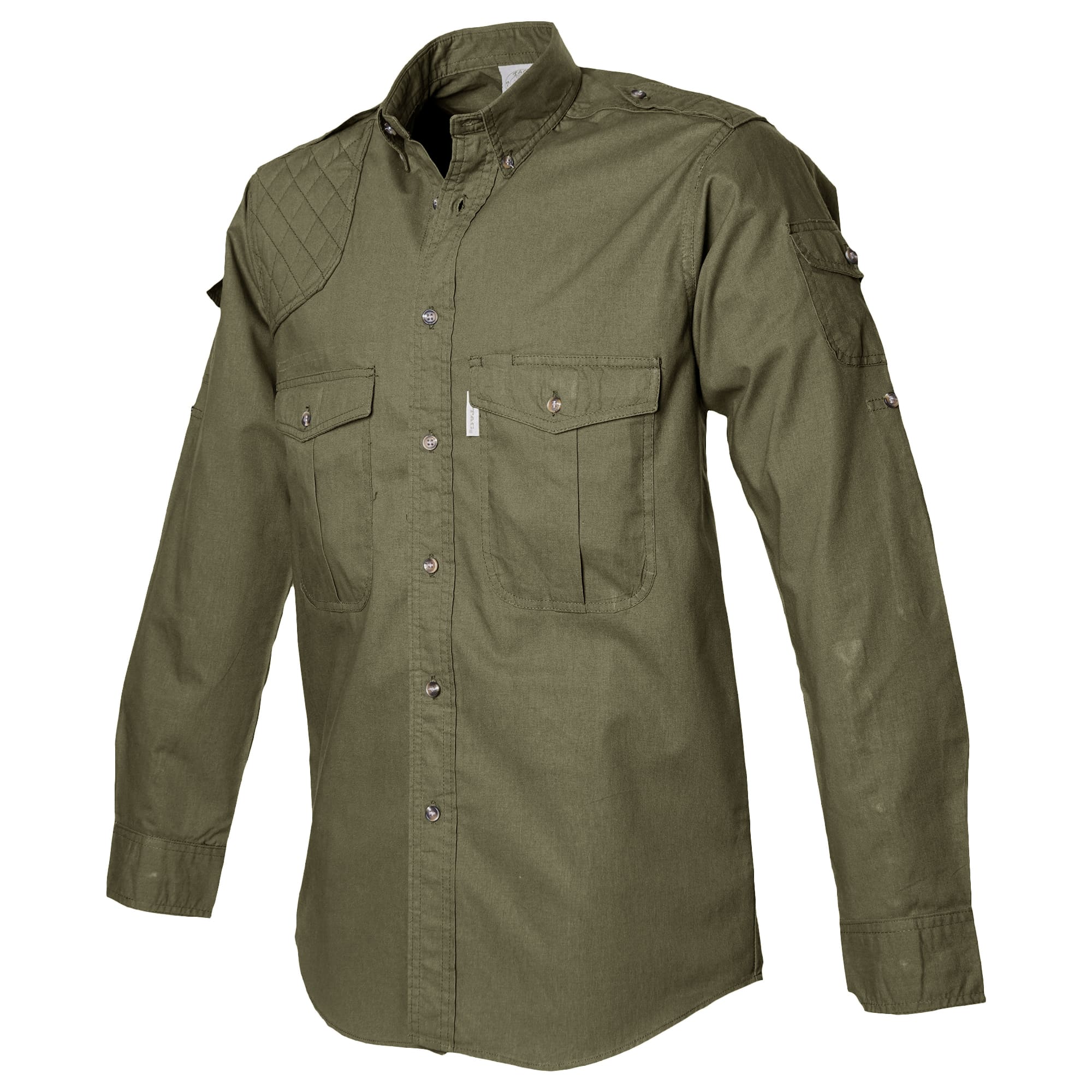 Gray tactical shirt with multiple pockets on a white background