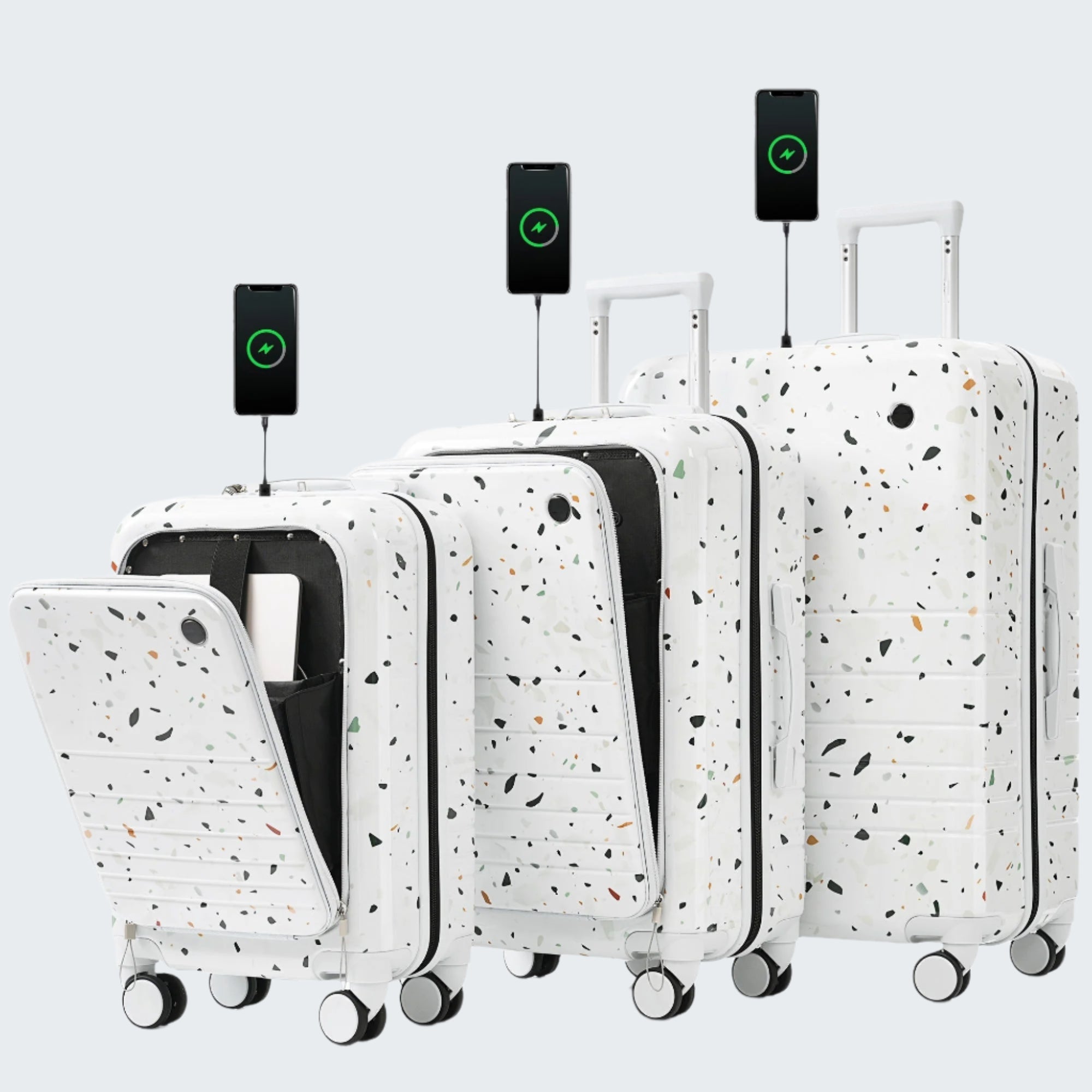 A set of three white starry sky design luggage bags with black accents, including a 20-inch carry-on, a 24-inch carry-on, and a 28-inch checked luggage, each with a USB port on top.