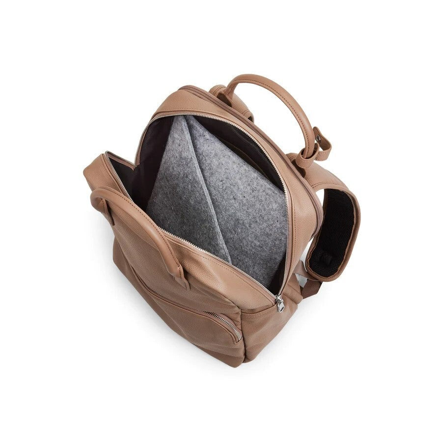 Brown backpack with gray interior on a white background