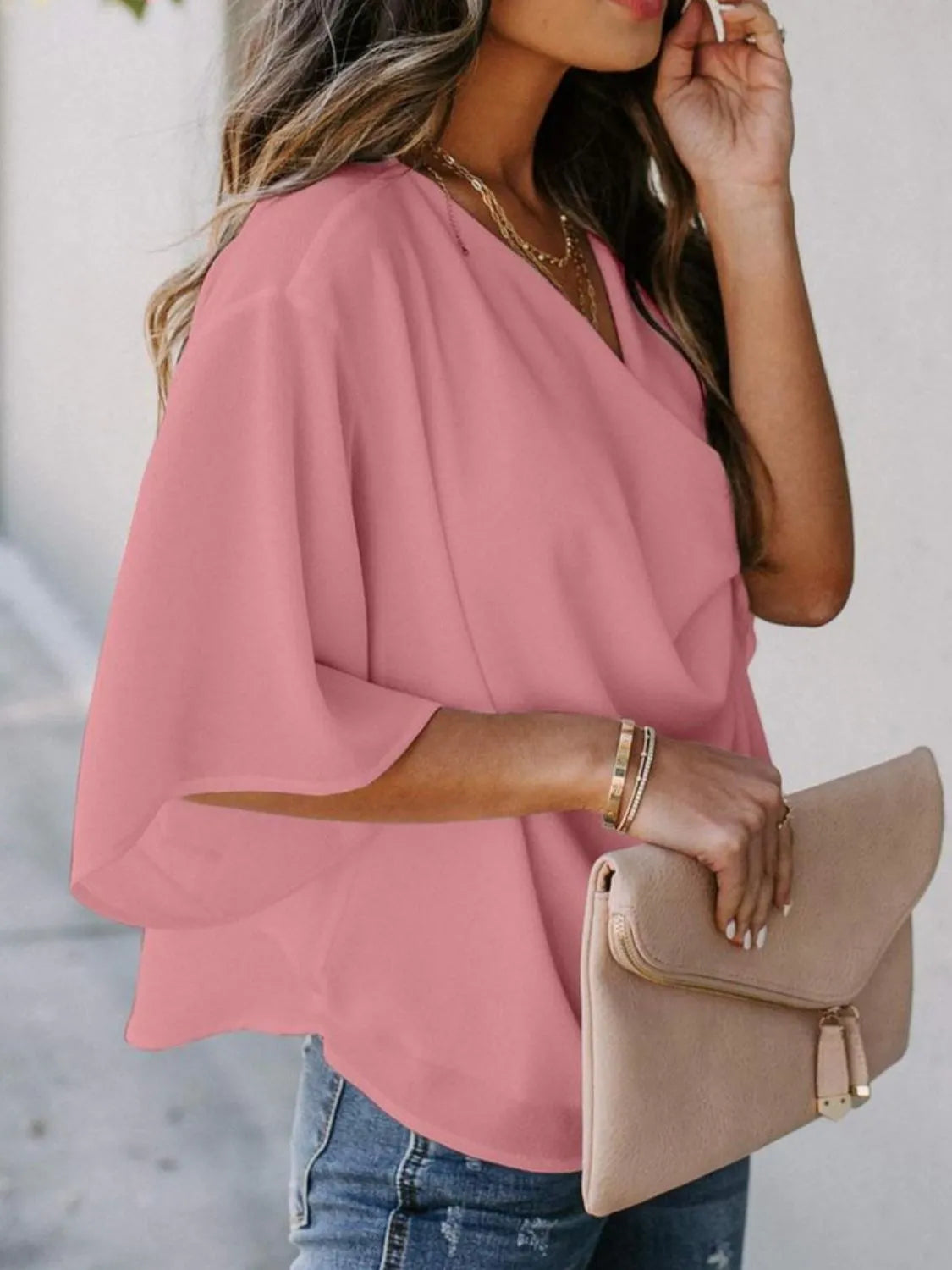 Full Size Ruched Three-Quarter Sleeve Blouse