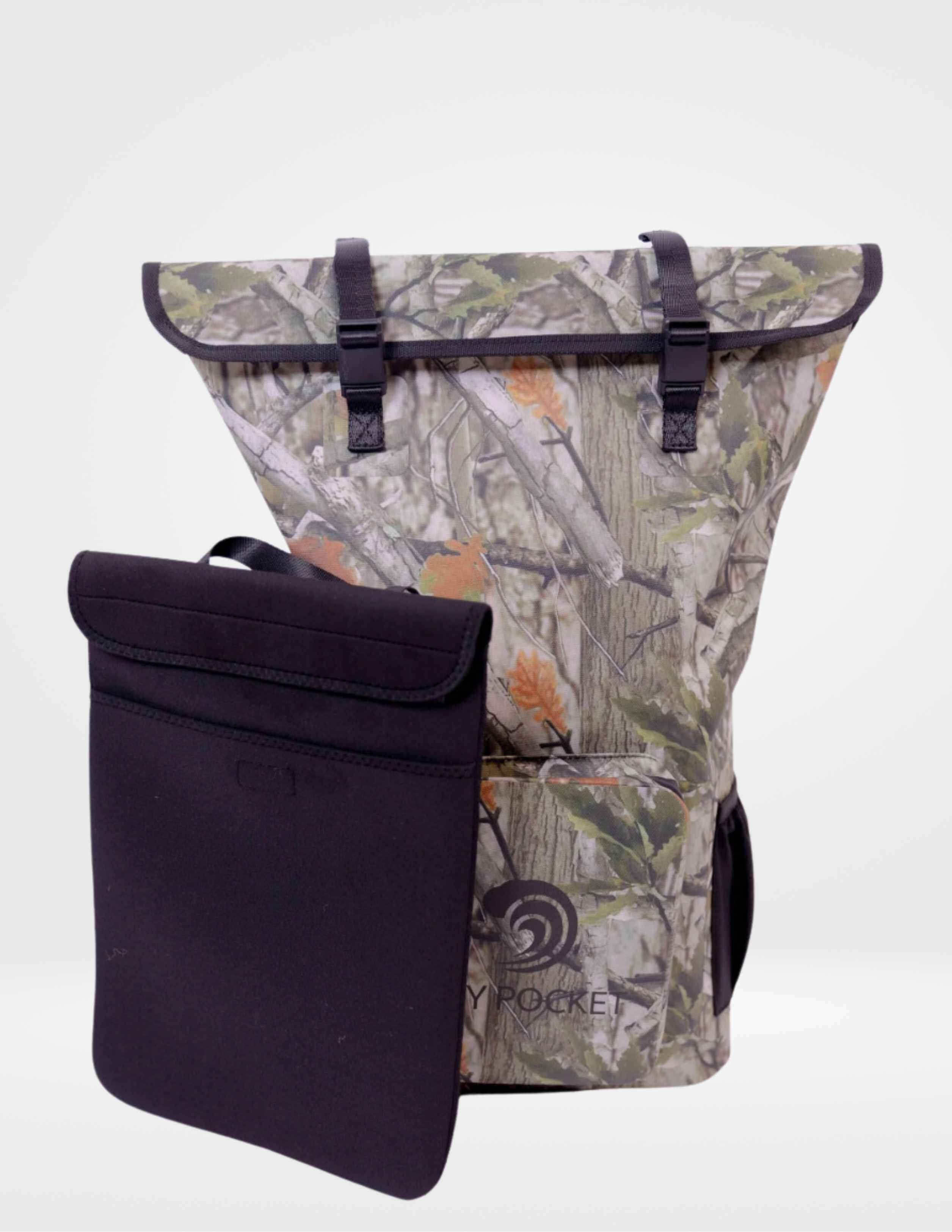 Camouflage backpack with a black pouch on a white background