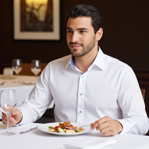 Man in a white shirt sitting at a dining table with a plate of food and a glass of wine.