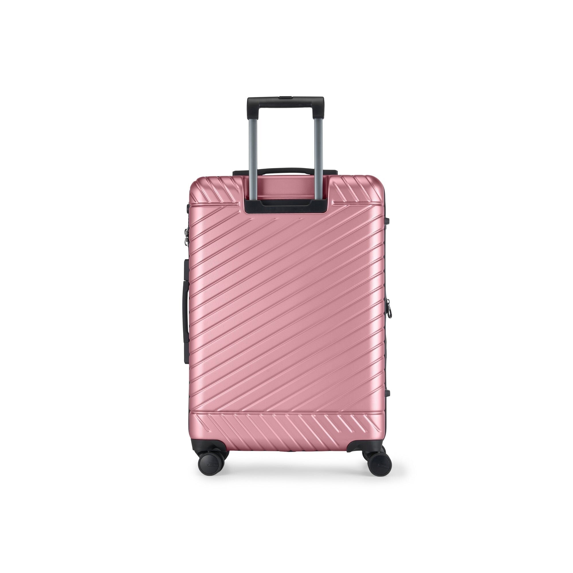 Pink suitcase with a black handle on a white background