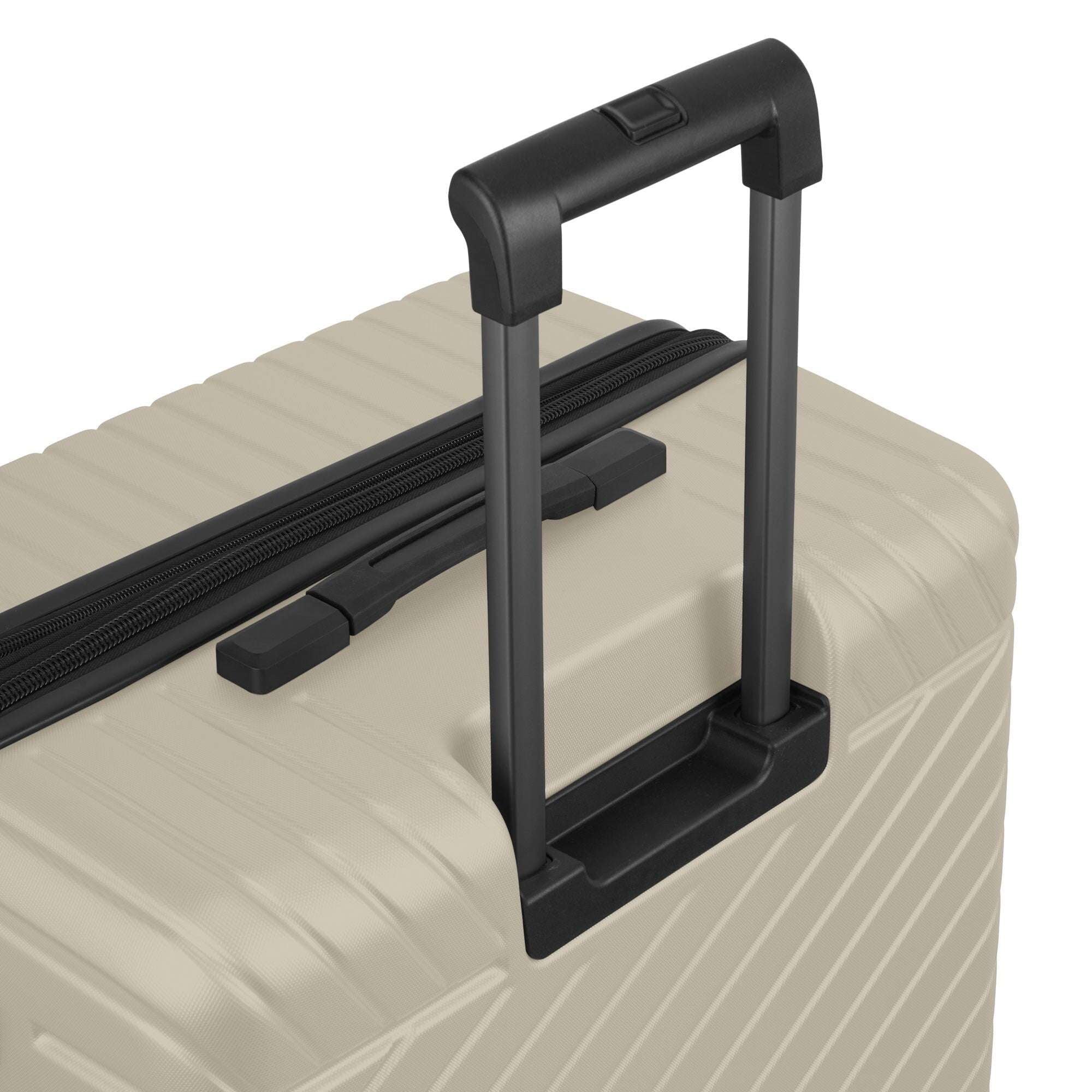 Beige suitcase with black handle and zipper on a white background
