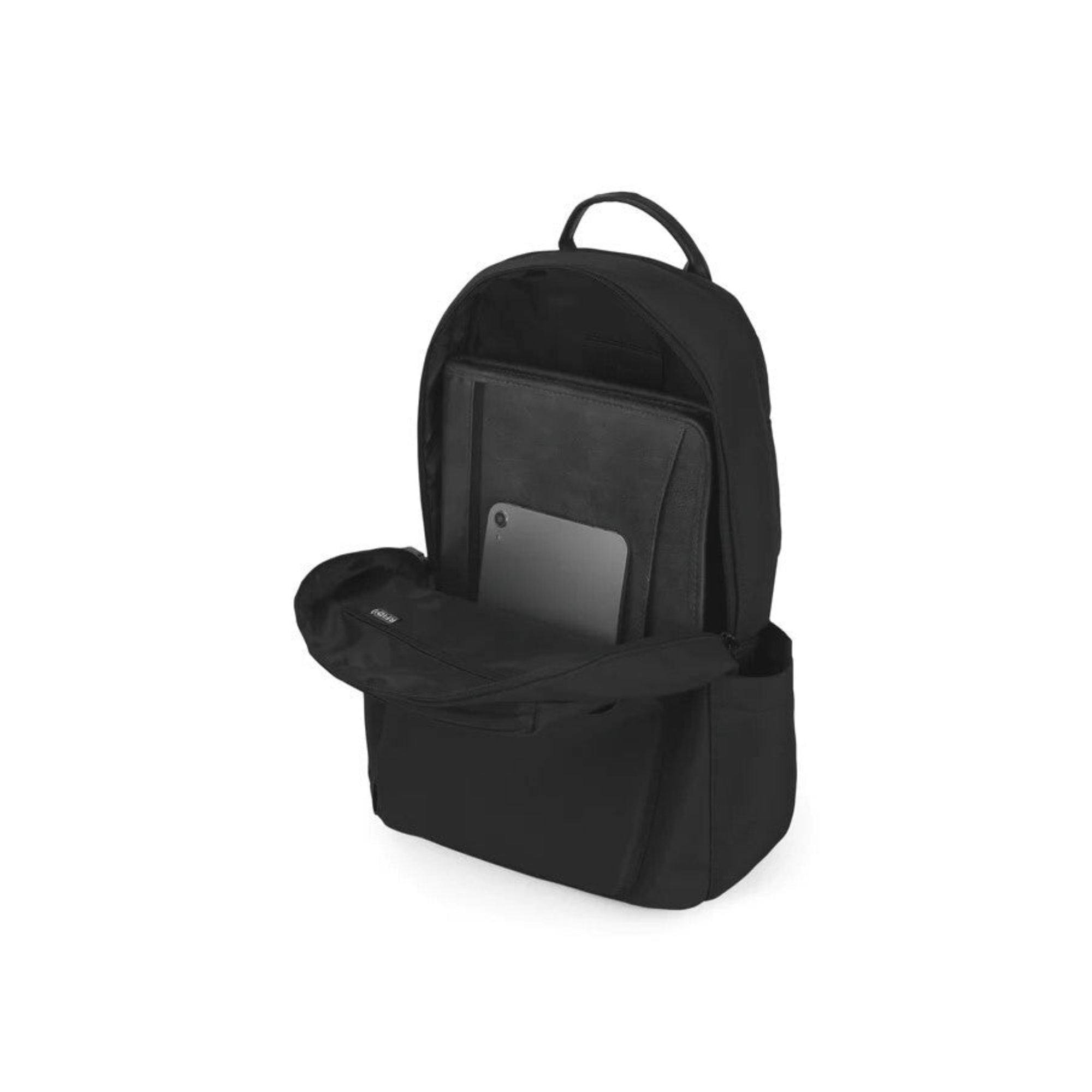 Black backpack with a front pocket on a white background