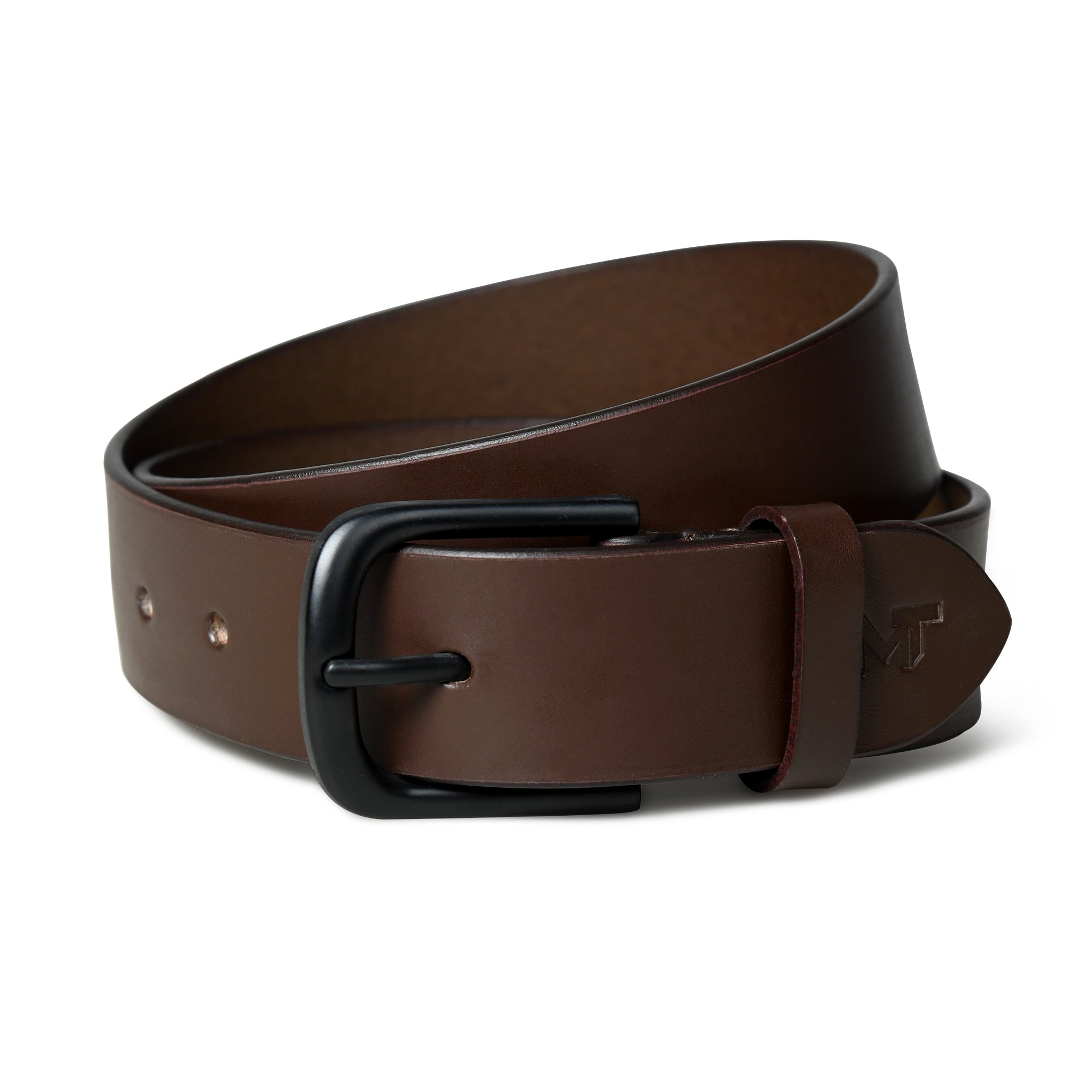 Brown leather belt with black buckle on a white background