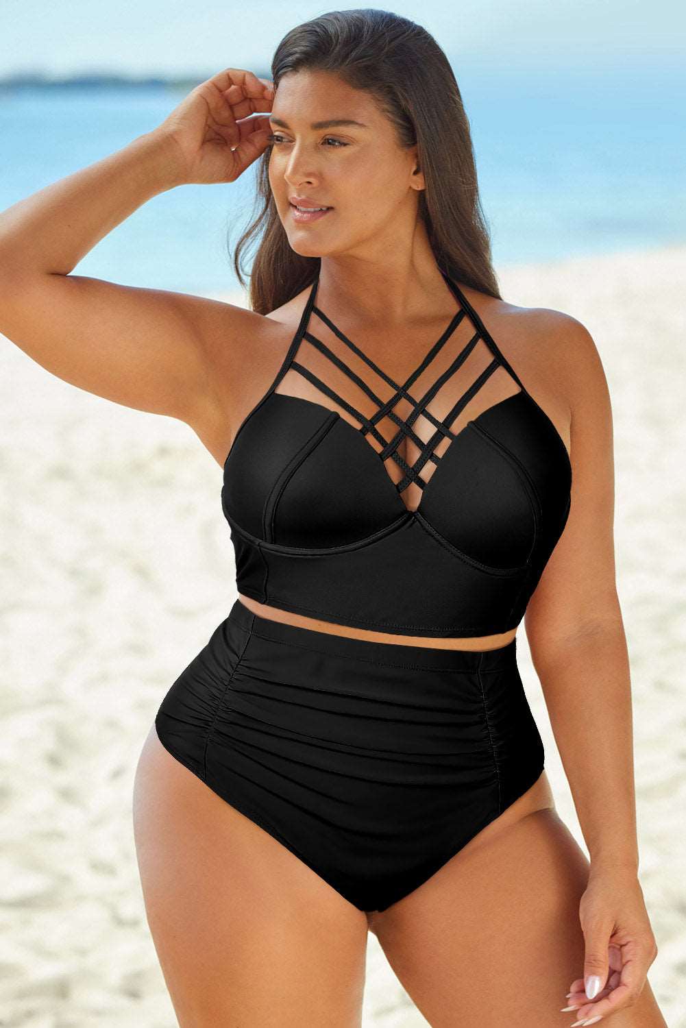 Halter Neck Crisscross Ruched Two-Piece Swimsuit - Sun of the Beach Boutique