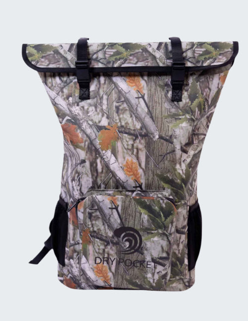 Camouflage backpack with a visible 'Dry Pocket' label on a white background