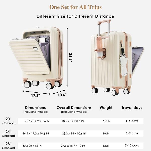 Set of Four Luggage Set with USB Port and Front Opening Design