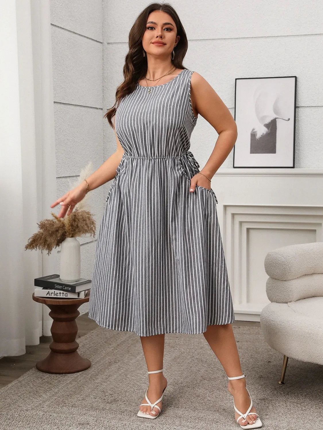 Plus Size Striped Round Neck Sleeveless Dress