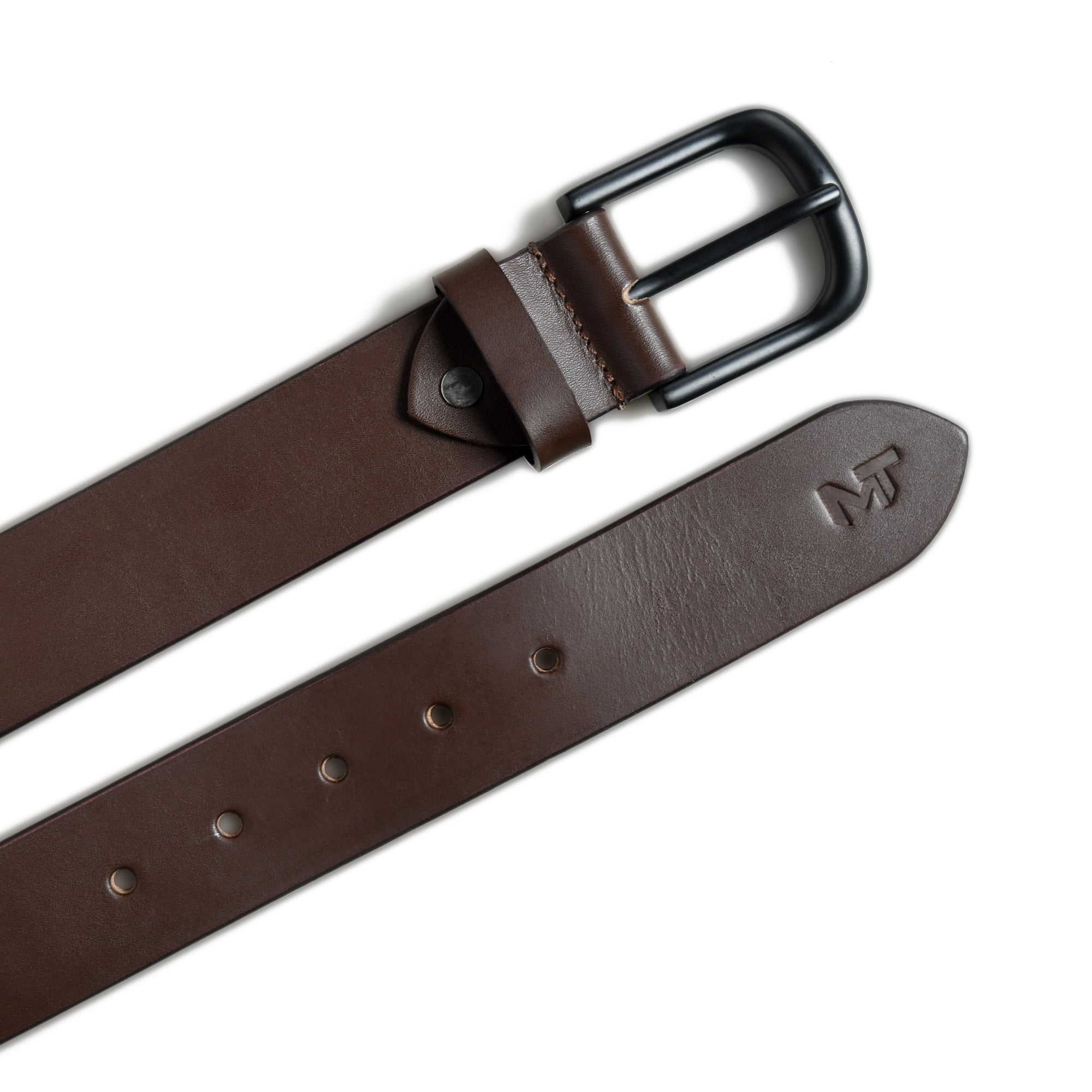 Brown leather belt with black buckle on a white background