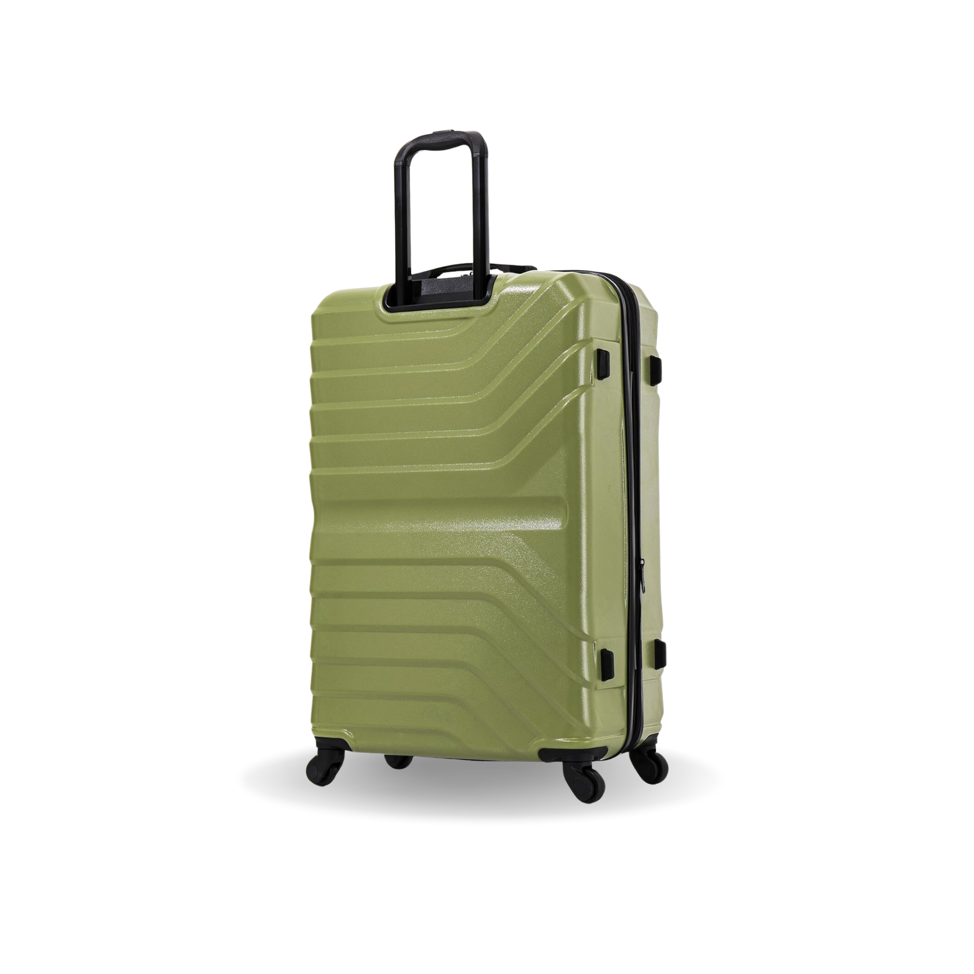 Green suitcase with a black handle on a white background