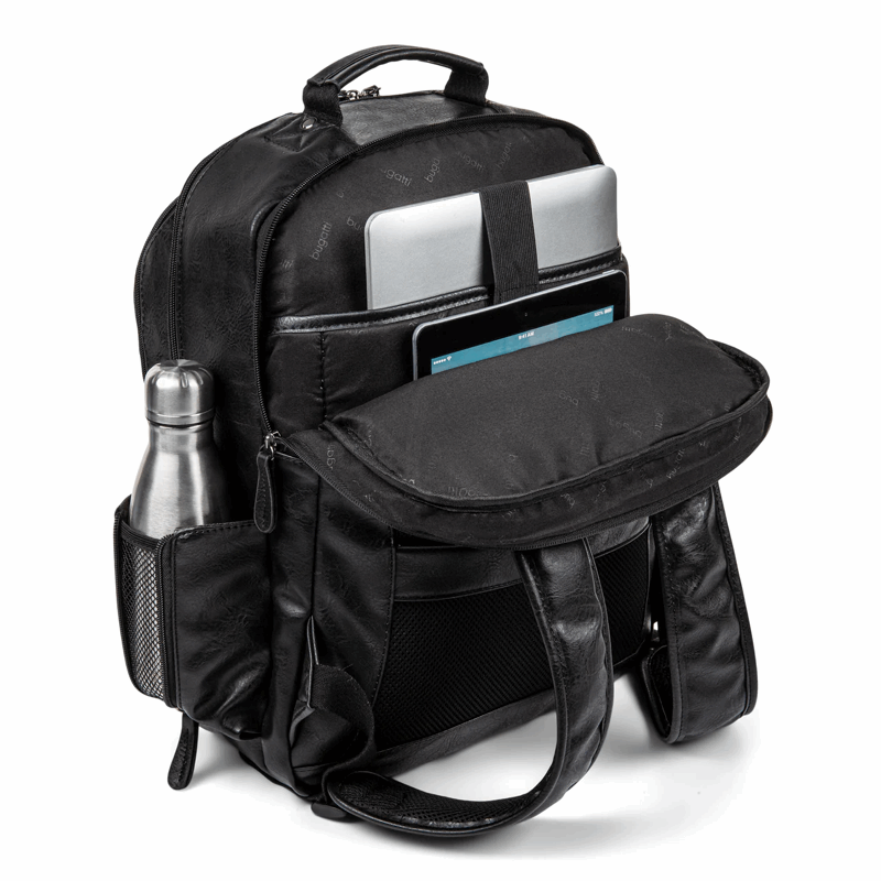 Black backpack with compartments for a laptop, tablet, and water bottle on a white background
