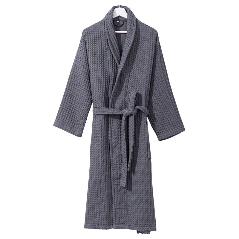 Gray waffle-textured robe on a white background