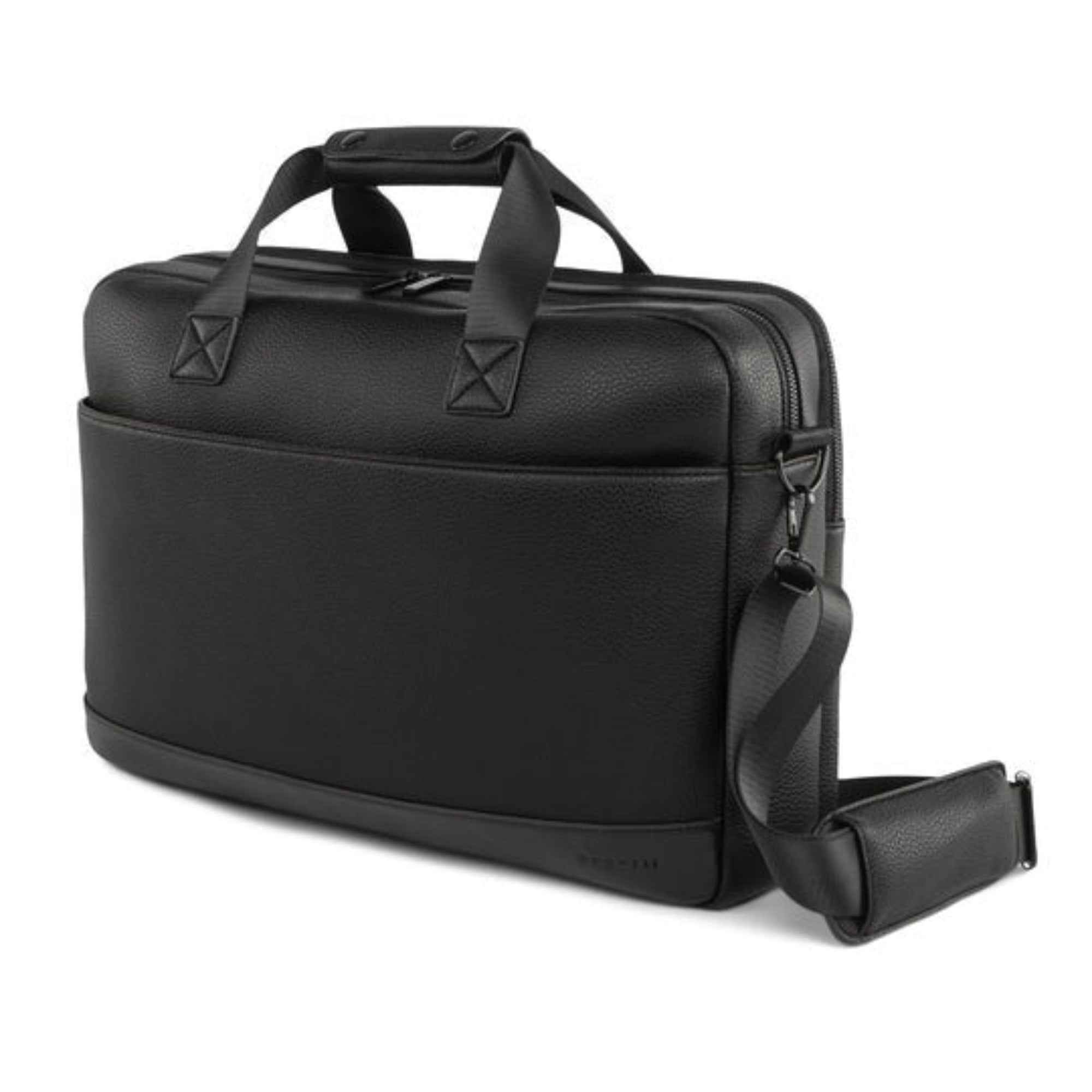 Black leather briefcase with shoulder strap on a white background