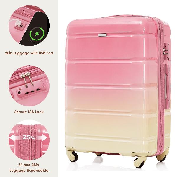 Luggage Sets 4 Piece, 20-inch with USB Port, Expandable ABS Durable