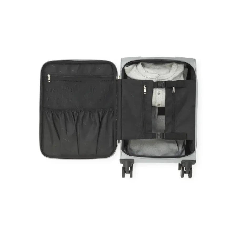 Black suitcase with open compartment showing clothing on a white background
