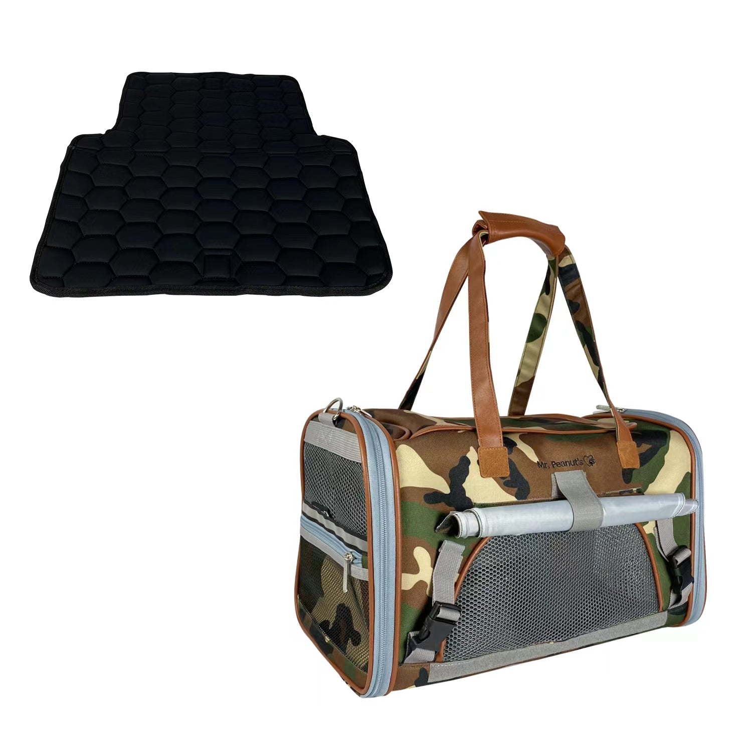 Camouflage pet carrier with a black hexagonal cushion on a white background