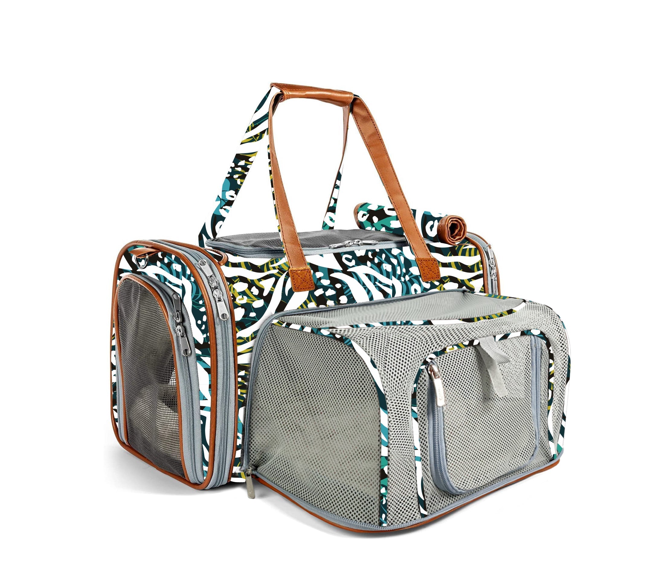 Pet carrier with zebra print top section and gray bottom section on a white background