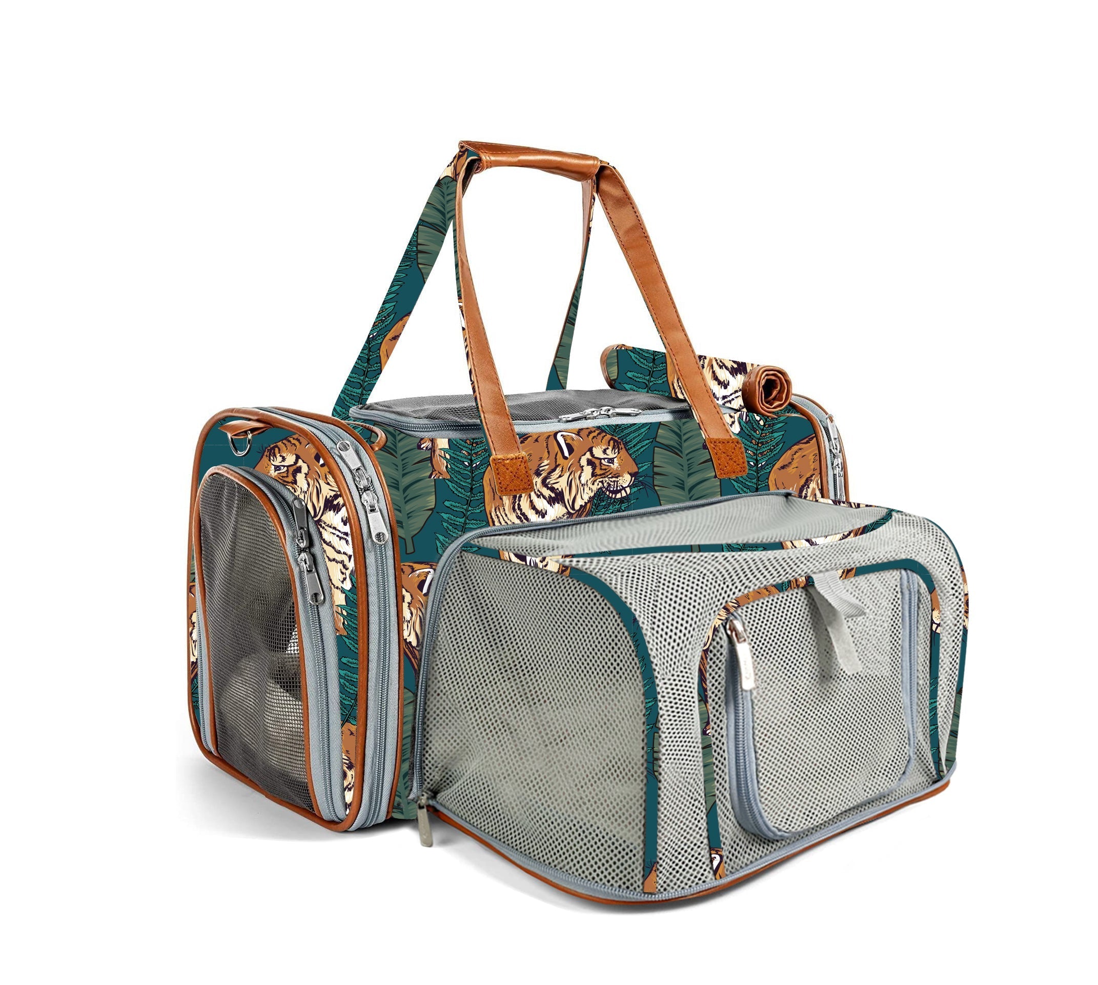 Pet carrier with tiger print design on a white background