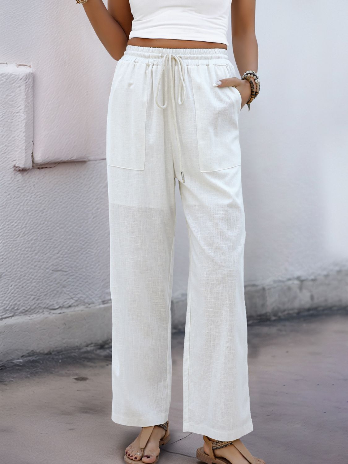 Perfee Drawstring Wide Straight Pants