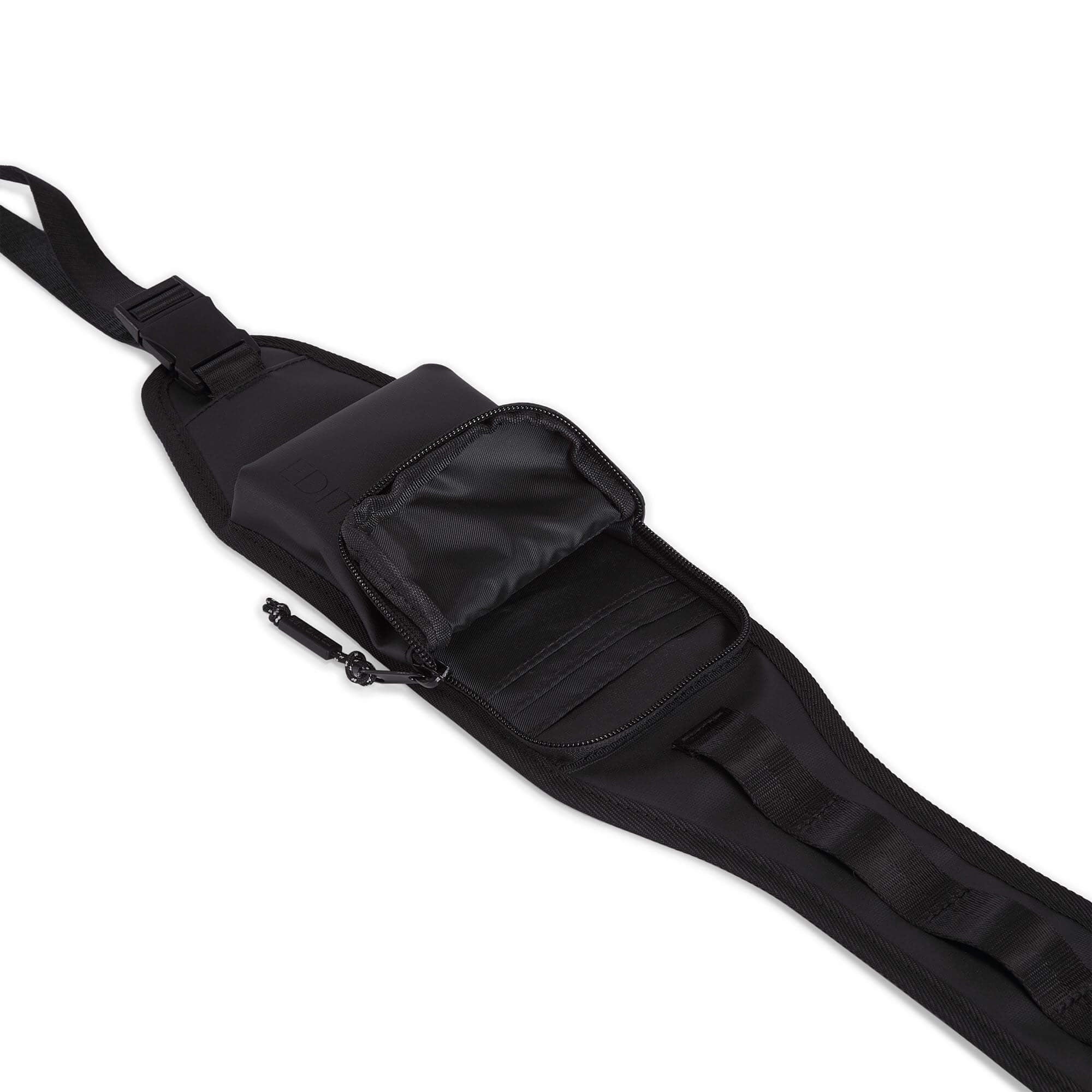 Black tactical belt with multiple pouches on a white background