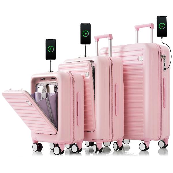 Pink Luggage Set of Three with USB Port with Open Front