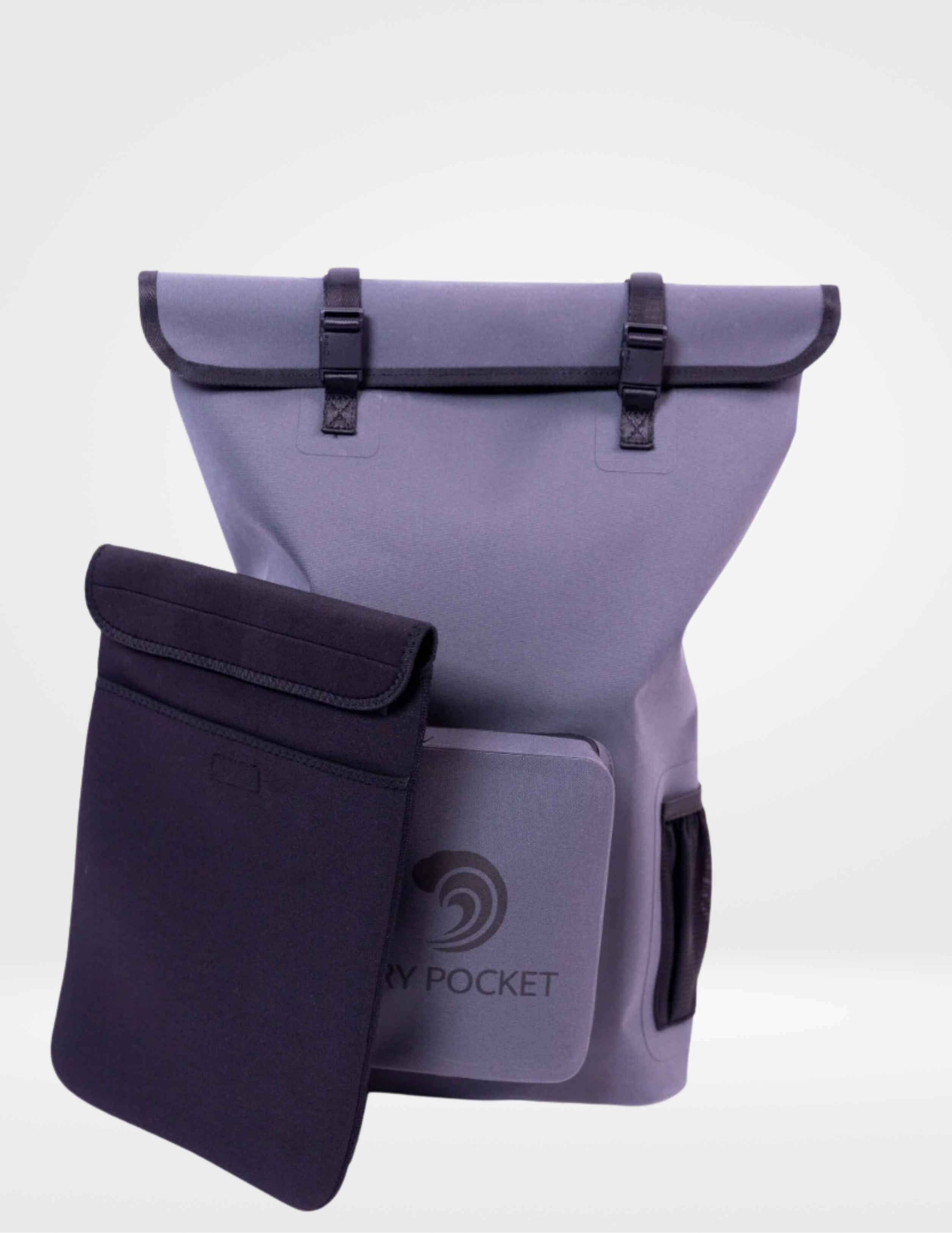 Purple backpack with a smaller black pouch on a white background
