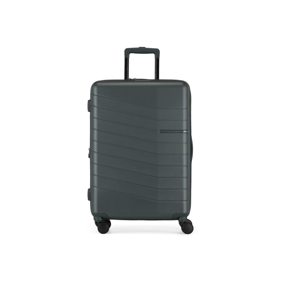 Dark gray suitcase with wheels on a white background