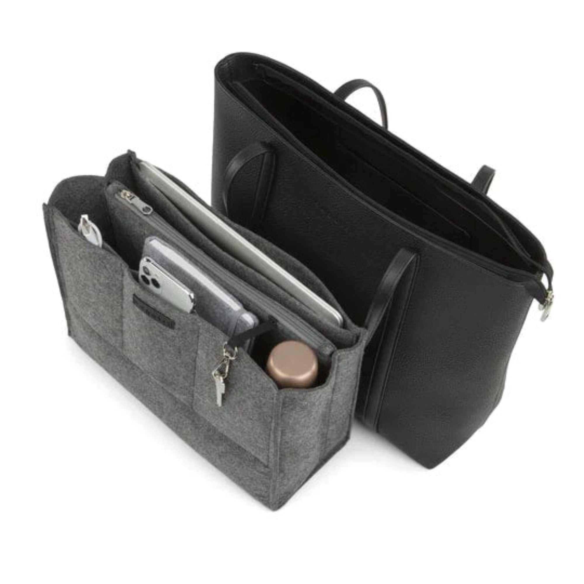 Black handbag with gray interior organizer on a white background