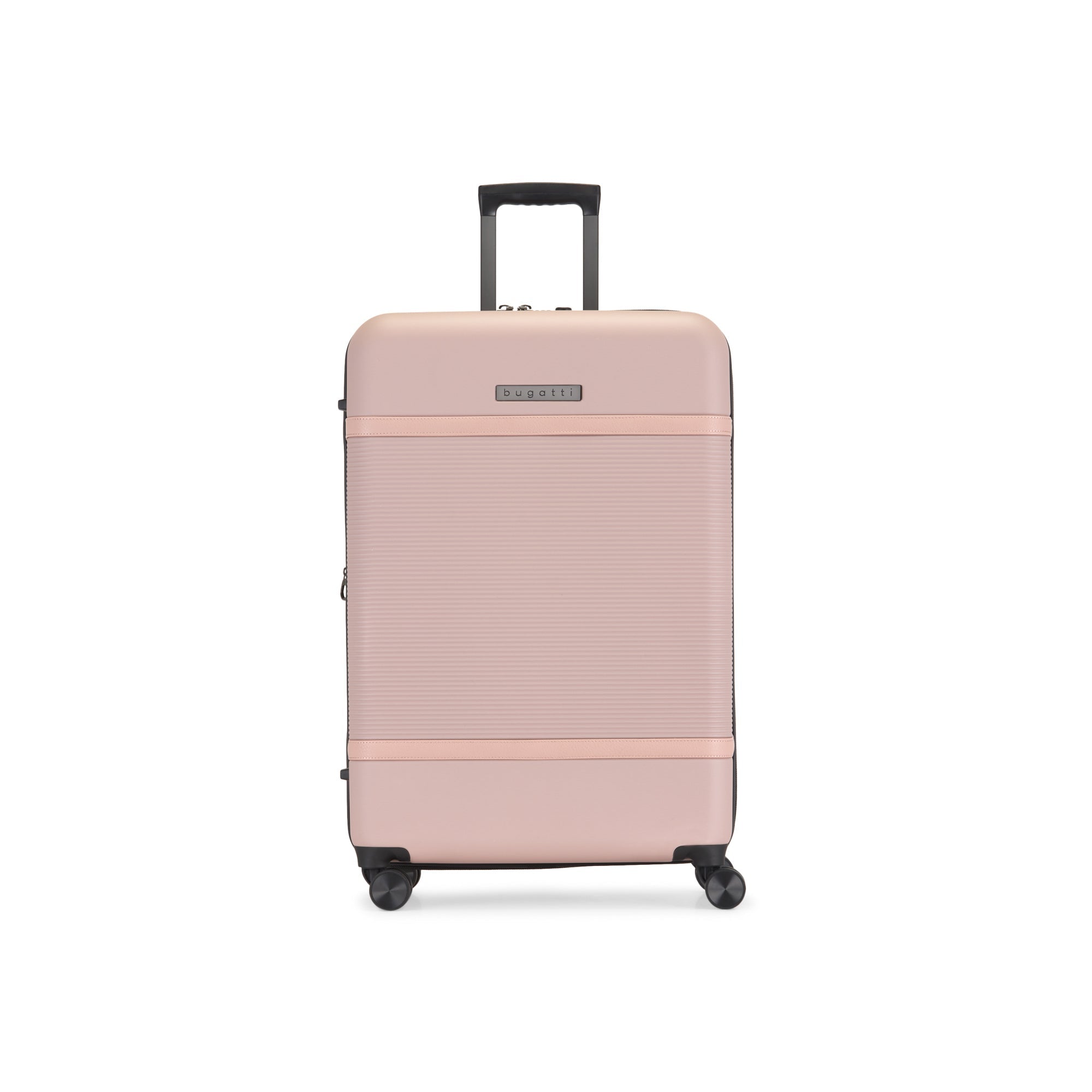 Pink suitcase with a visible brand logo on a white background