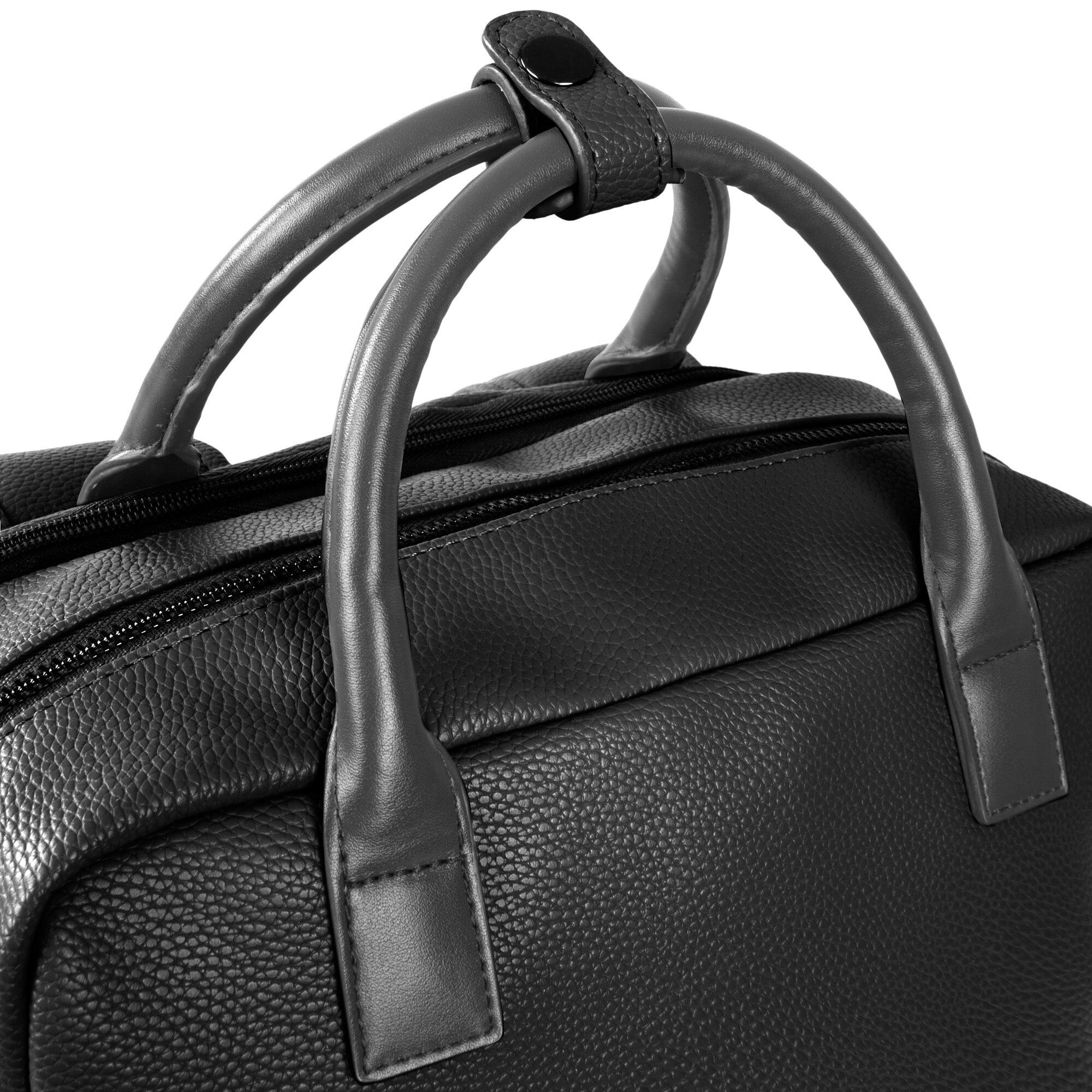 Close-up of a black leather bag with handles on a white background