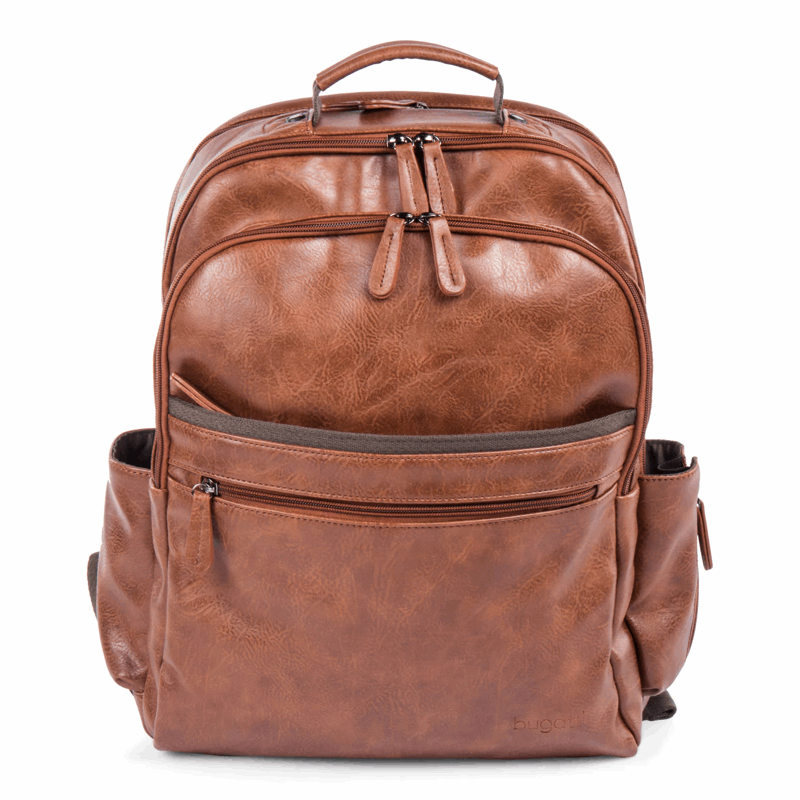 Brown leather backpack on a white background