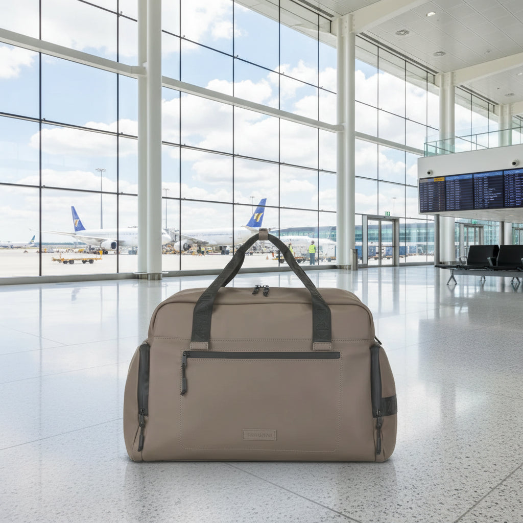 Brown duffel bag with black zippers and straps on a white background