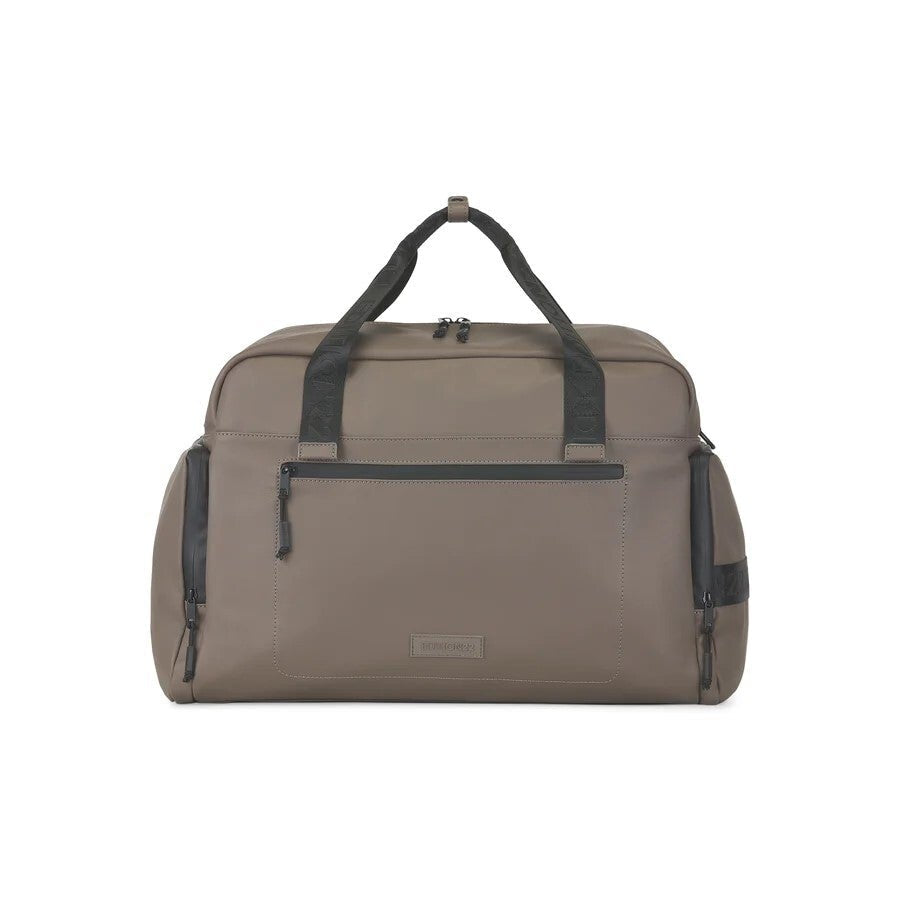 Brown duffel bag with black zippers and straps on a white background