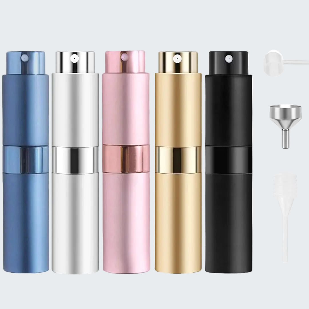 Set of colorful spray bottles with accessories on a white background