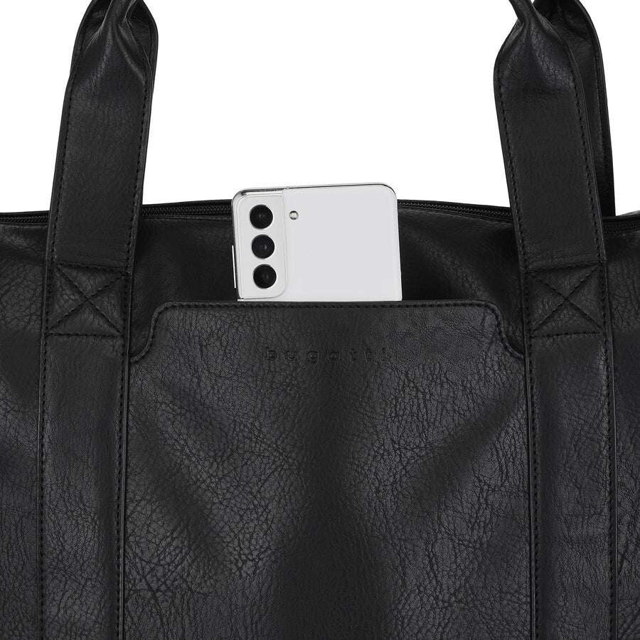 Black leather tote bag with a phone inside on a white background