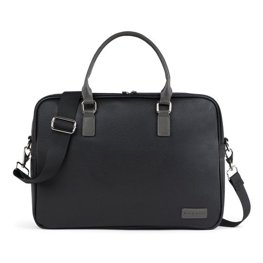 Black briefcase with shoulder strap on a white background