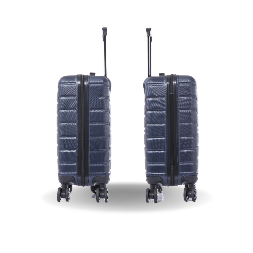 Two navy blue suitcases with wheels and handles on a white background